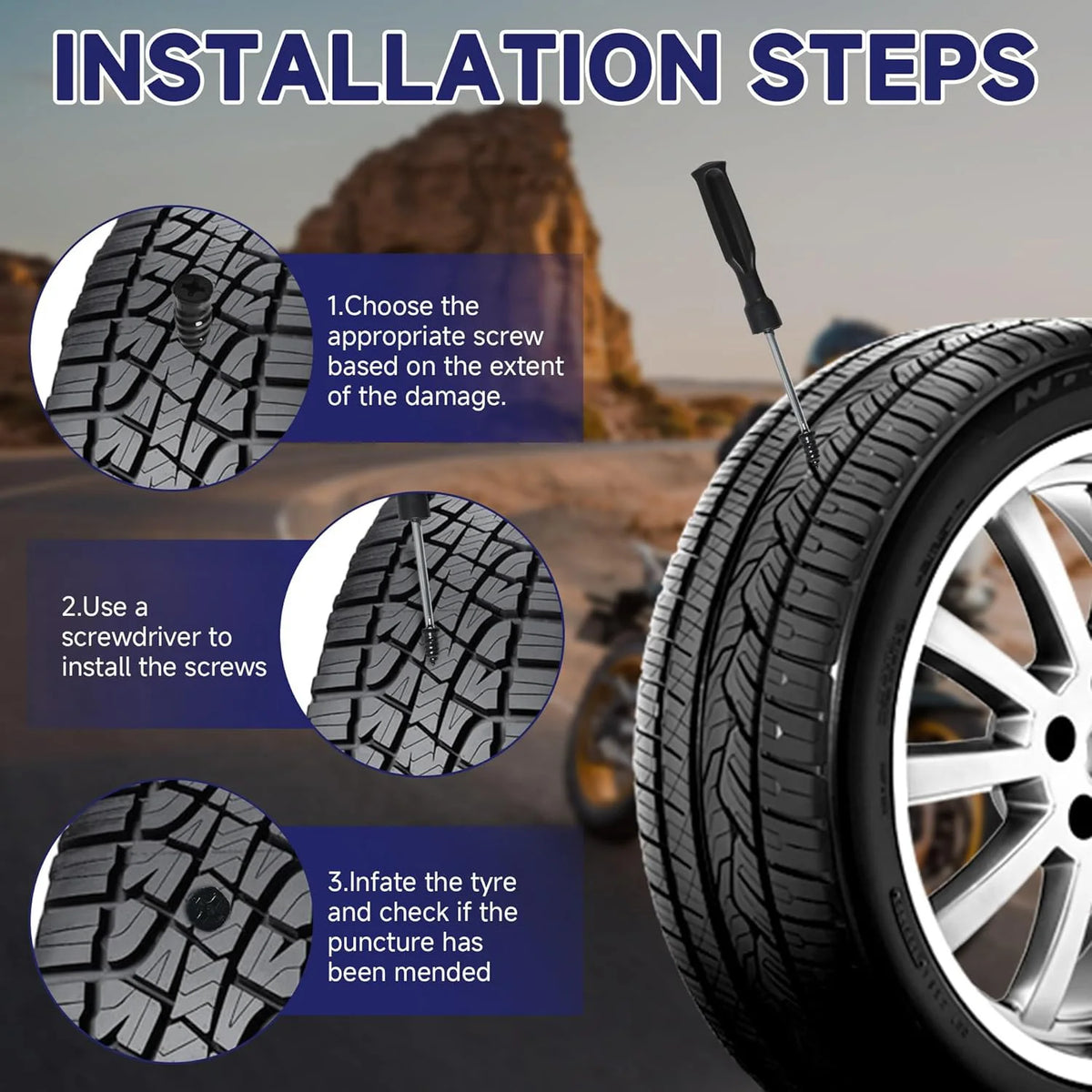 Installation steps showing how to use a screwdriver and inflate a tire for a multi-size tire repair kit