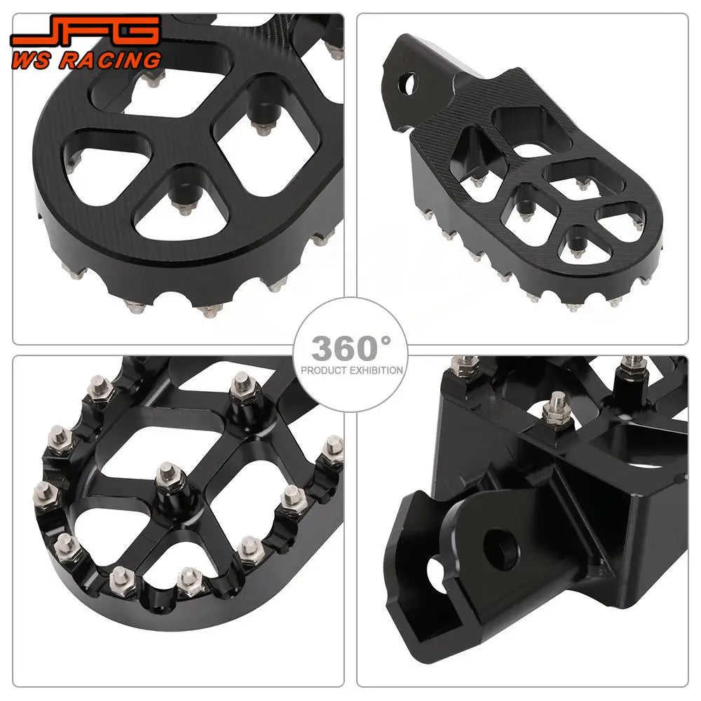 Black heavy-duty CNC foot pegs for motorcycles shown in various angles and configurations