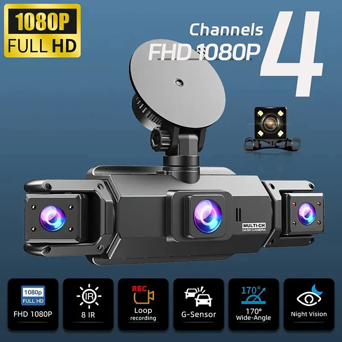 A multi-channel 4 camera FHD 1080P dash cam device with various features shown on a dark background.