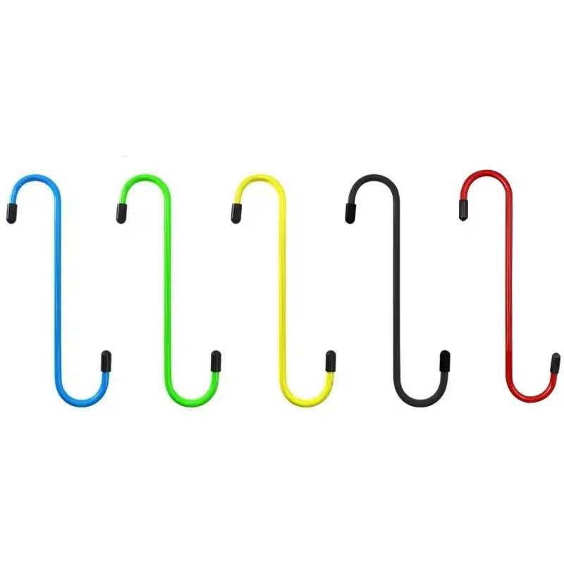 A set of five colored suspension disc service brake caliper hooks in blue, green, yellow, black, and red.