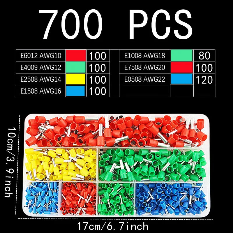 A set of 700 pieces of tube crimping terminals in various colors and sizes, packaged on a white tray.