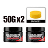 A package showing 50g of Headlight Restorer, a yellow sponge, and two black jars of headlight restorer.