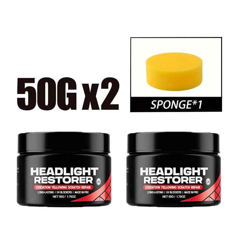 A package showing 50g of Headlight Restorer, a yellow sponge, and two black jars of headlight restorer.