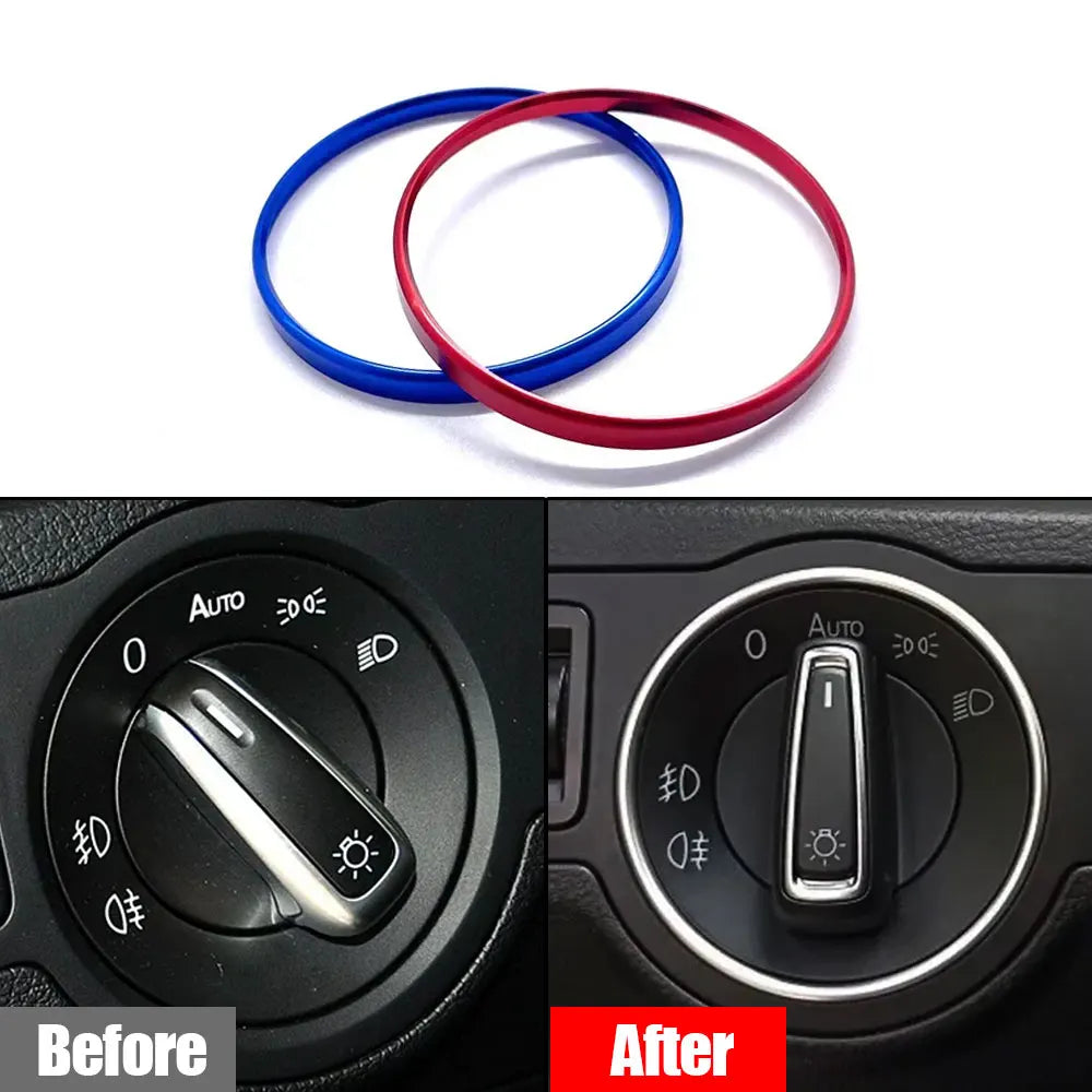 Vorher-Nachher-Vergleich des Austauschs eines Scheinwerfer-Schalters-Dekor-Rings an einem Auto.