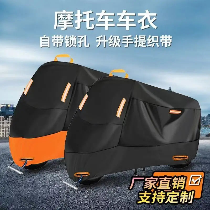 Black heavy-duty waterproof motorcycle cover with orange accents shown in a side view.