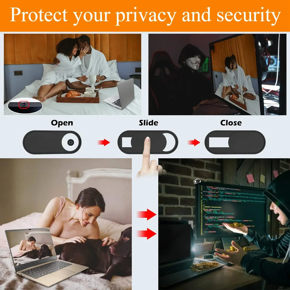 A sliding privacy camera cover is shown in three positions: open, slide, and closed, demonstrating its function for protectin