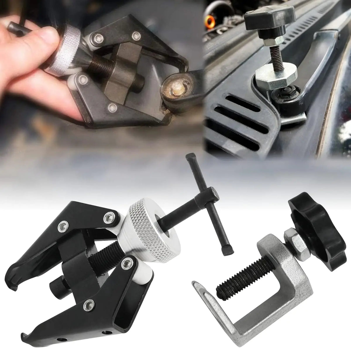 A set of heavy-duty wiper arm removal tools used for windshield repair, showing various components and grips.