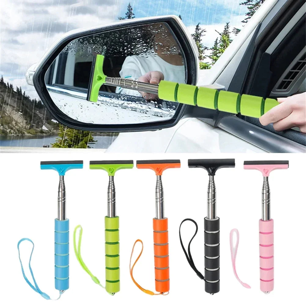 A collection of various telescopic window squeegees in different colors and sizes shown against a white car window.