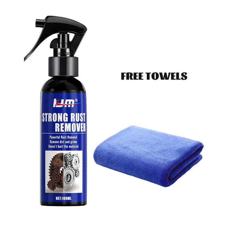 A bottle of Strong Rust Remover spray with a pump dispenser and a blue towel is shown.
