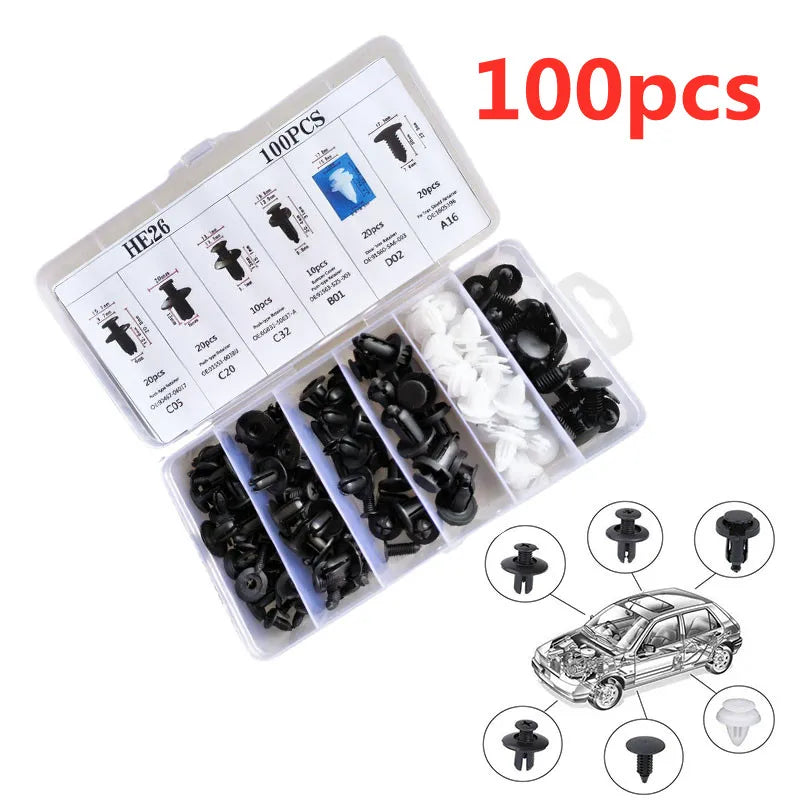 Una caja de 100 clips de sujeción para automóviles para molduras y parachoques, mostrando varios tamaños y tipos.