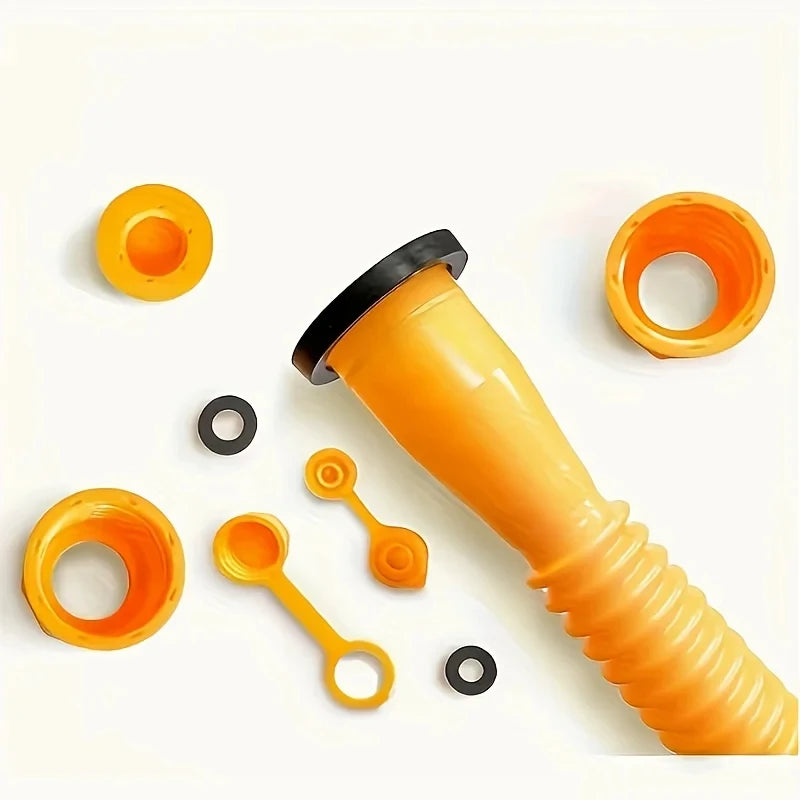 Orange gas can spout replacement nozzle adapter with various components shown on a white background