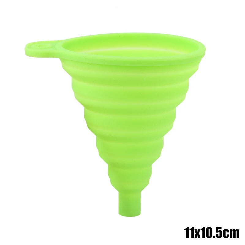 A bright lime green silicone funnel with a spout, measuring 11x10.5cm.