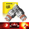 A set of universal LED brake light bulbs shown next to a yellow box from AUXITO
