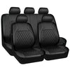 Black full coverage PU leather car seat covers with five individual seats.