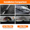 Installation comparison showing a shop wiper versus another wiper for a vehicle windshield.