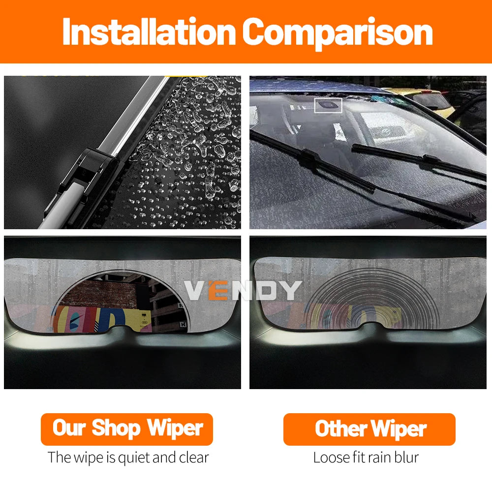 Installation comparison showing a shop wiper versus another wiper for a vehicle windshield.