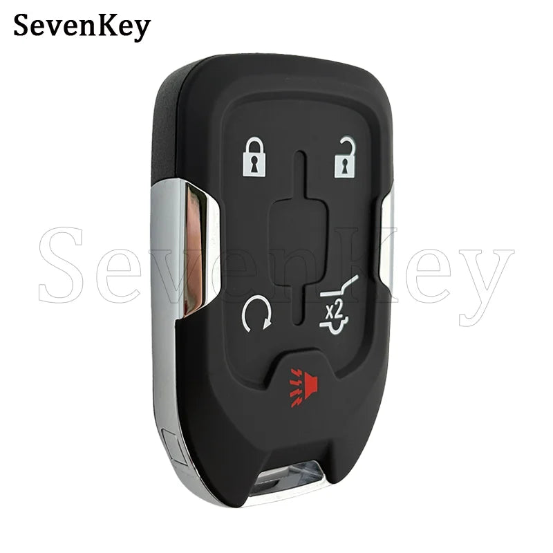 A black replacement smart key fob shell for Chevrolet/GMC SUVs with a silver trim and various icons.
