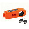 Orange universal motorcycle handlebar security lock with a key and lock mechanism