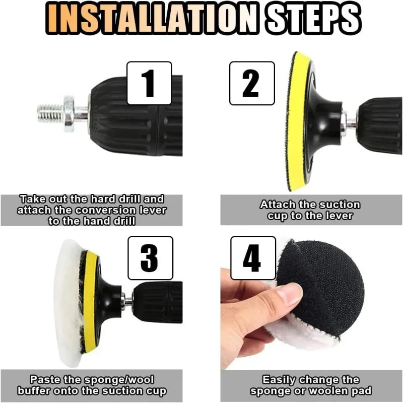 Installation steps showing how to attach a suction cup to a conversion lever for a wool polishing pad set.