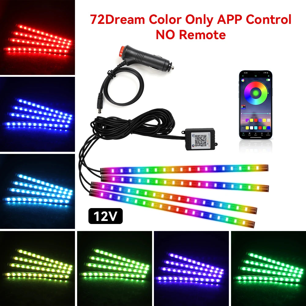 RGB LED car ambient lighting kit featuring various colored light strips and an app control setup