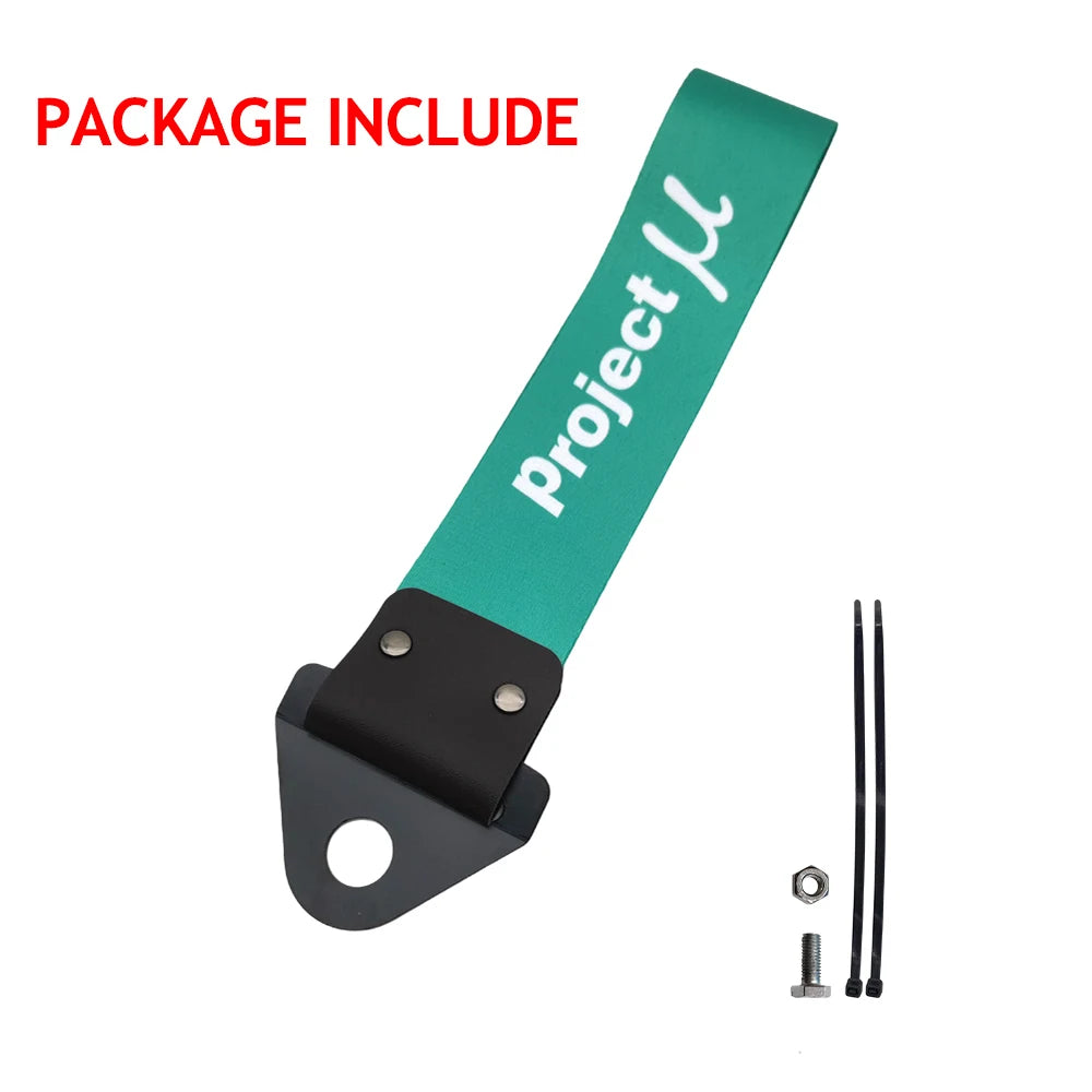 A package including a green project strap, a metal plate, and two screws for a universal tow strap.