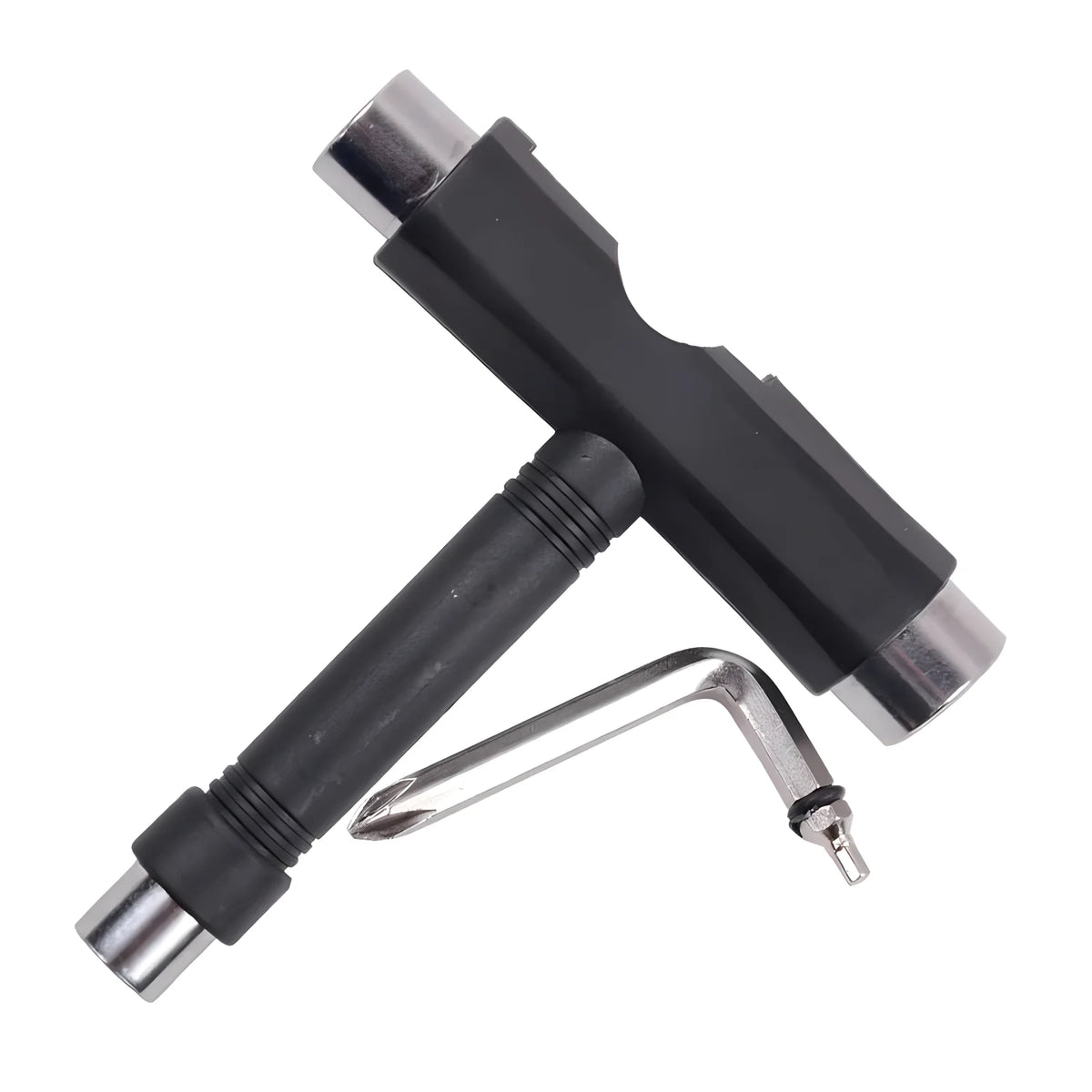 A black multi-tool set with a metal opening tool and a silver wrench visible.
