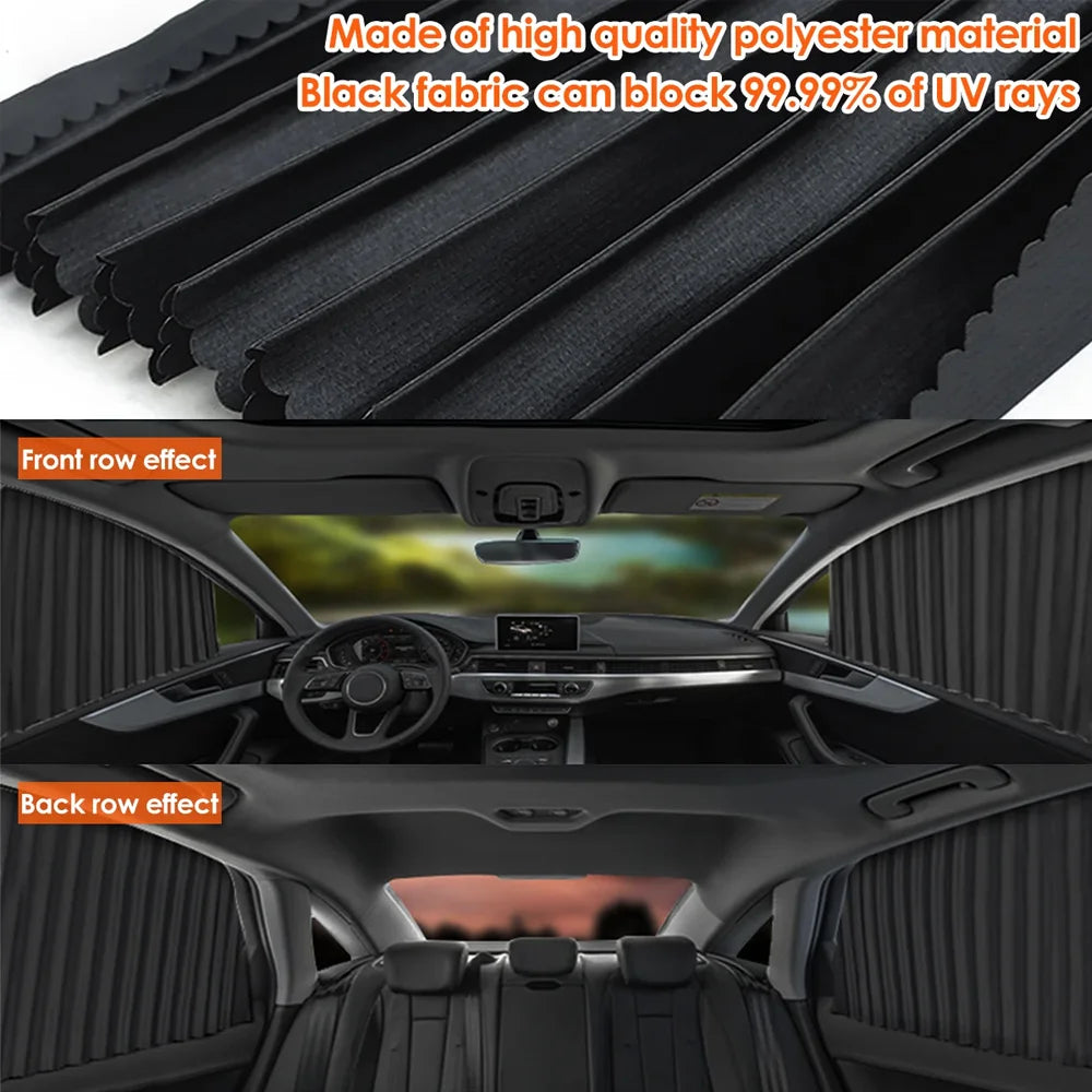 Black fabric magnetic car window sun shade showing front and back row effects