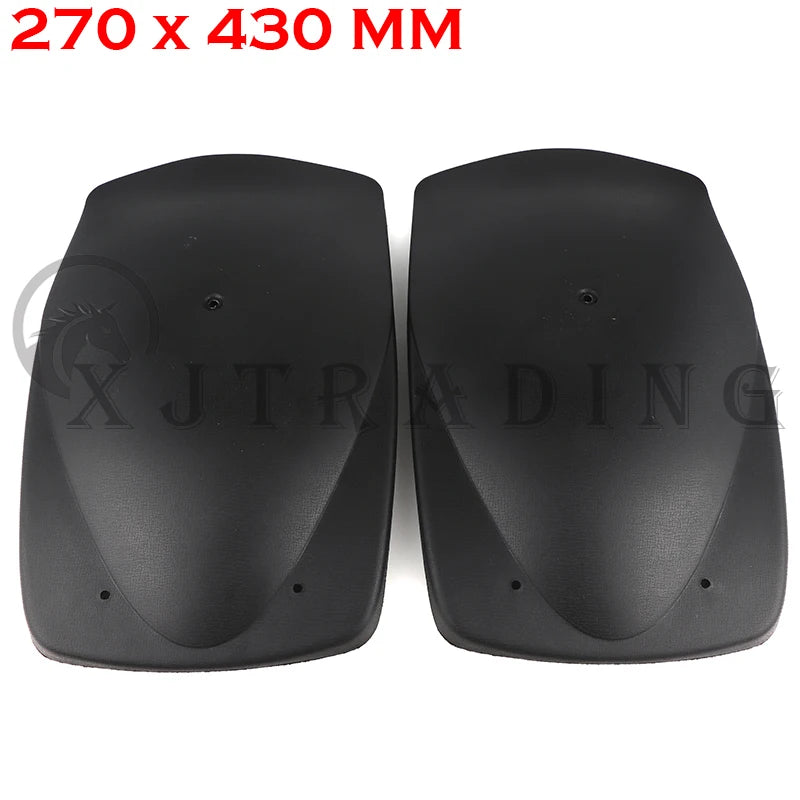 A pair of black durable plastic fenders for a go-kart or ATV, measuring 270 x 430 mm.