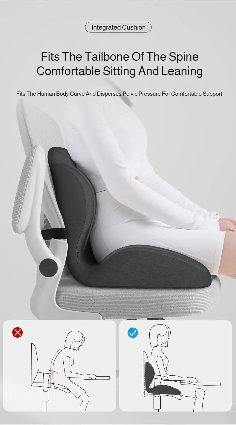 A person is sitting in an ergonomic chair with a supportive seat cushion designed to fit the tailbone of the spine for comfor