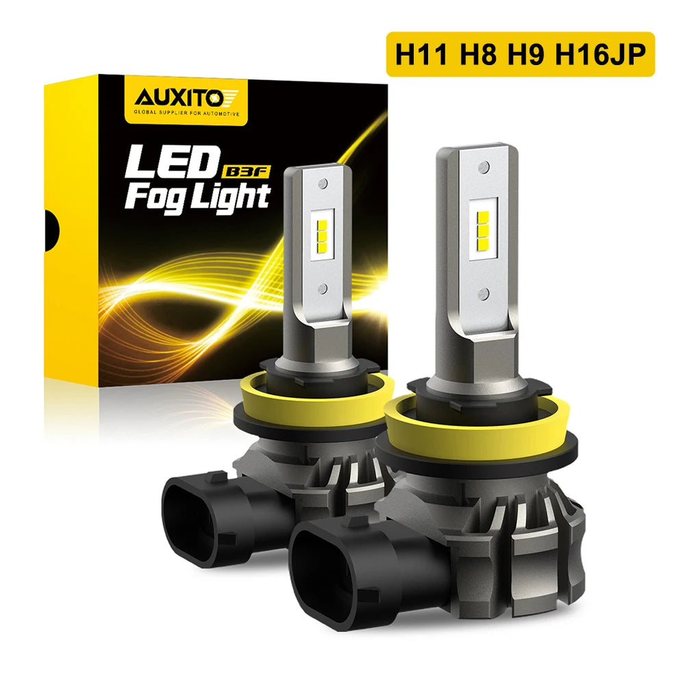 Two LED fog light bulbs H11 H8 H9 H16JP are shown next to their packaging box.