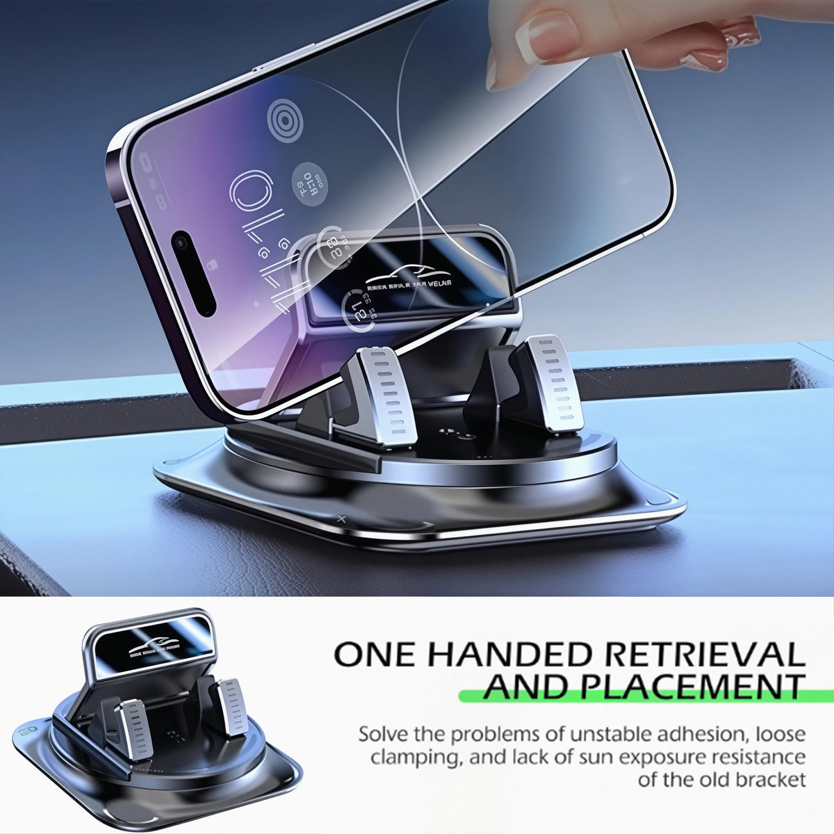 A hand places a smartphone onto a black rotating mount designed for secure placement on a car dashboard.
