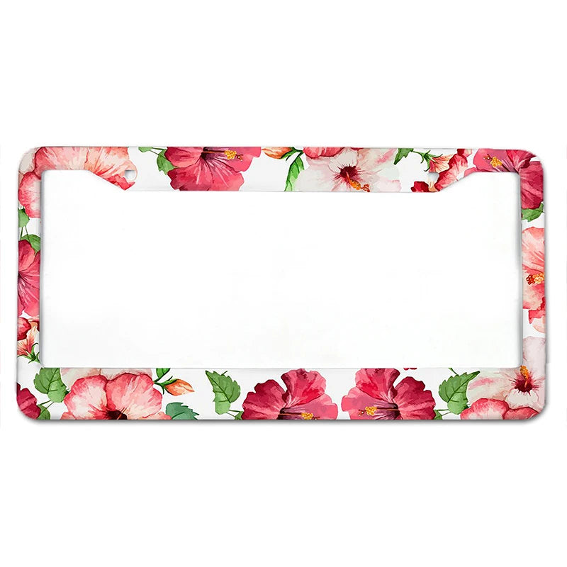 Kennzeichenabdeckung mit Blumenmuster aus rosa und roten Hibiskusblüten und grünen Blättern