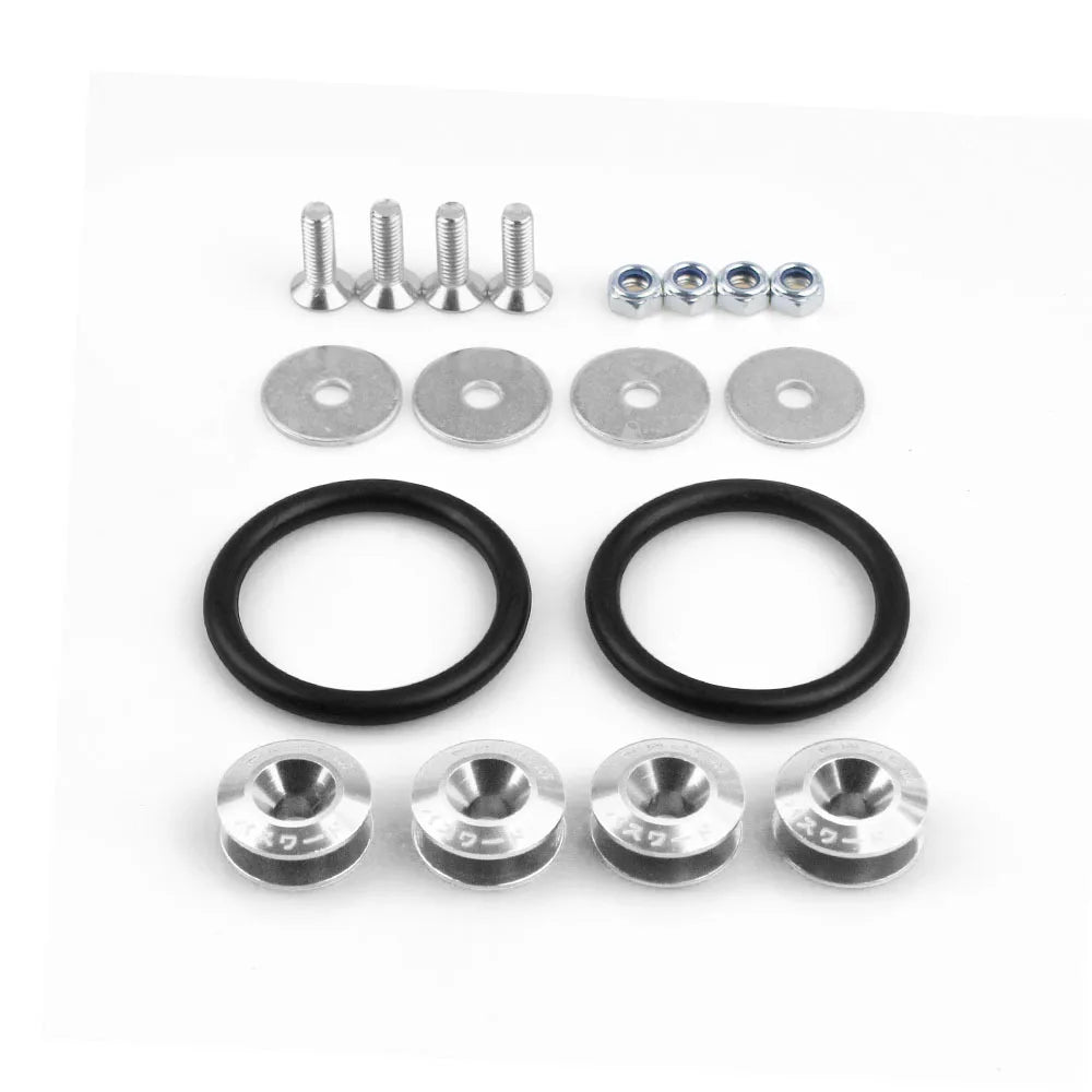 A collection of aluminum quick release fasteners for automotive parts, including various sized pins and rings.