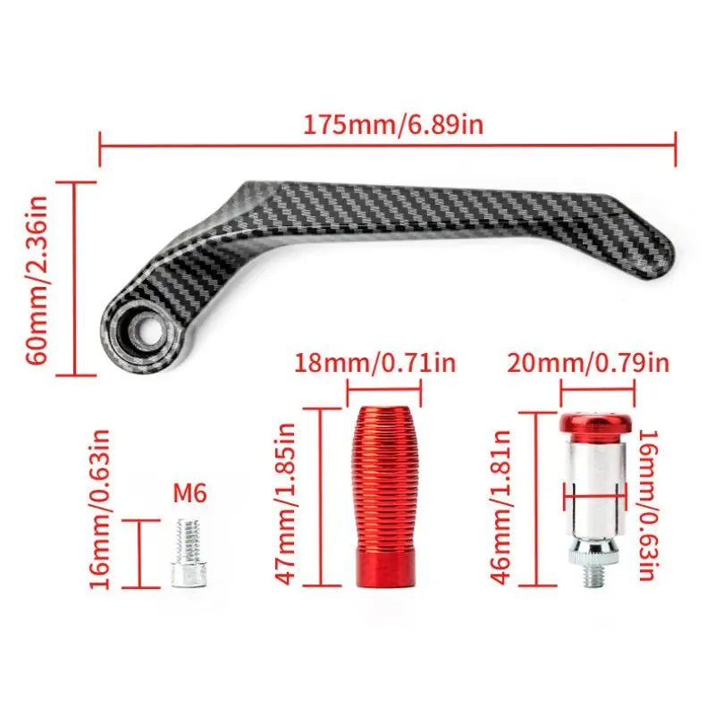 A black carbon fiber motorcycle hand guard and lever protector with various mounting sizes shown.