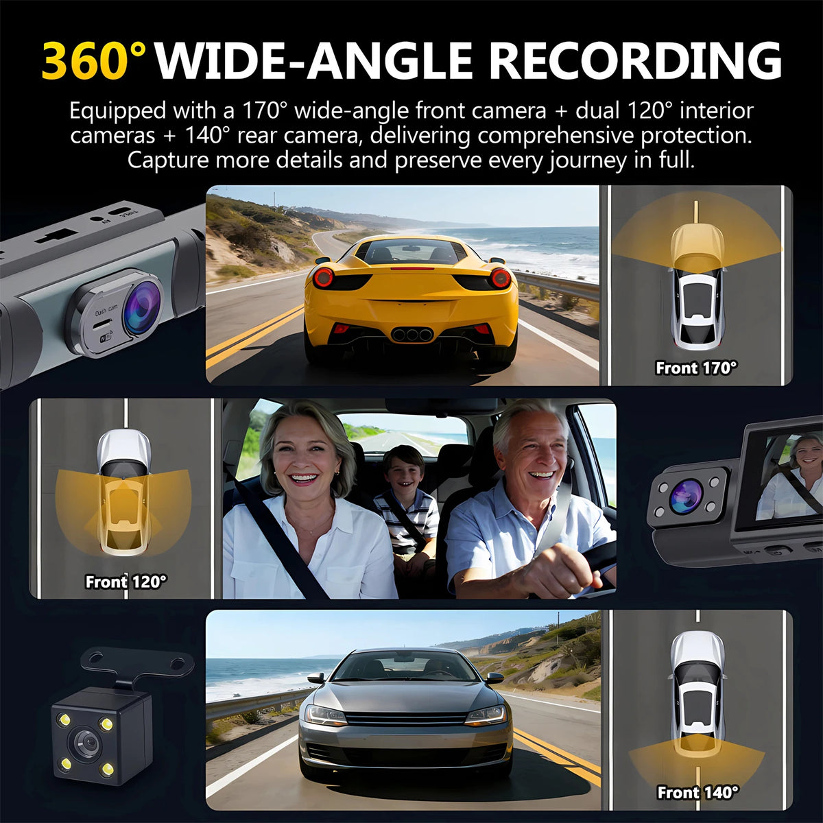 A set of 4-channel full HD car dash cameras showing various angles including front and rear views for comprehensive recording