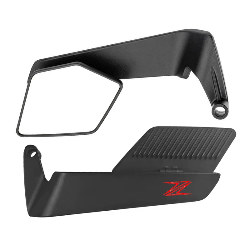 A black adjustable motorcycle side mirror assembly shown in a top-down view.