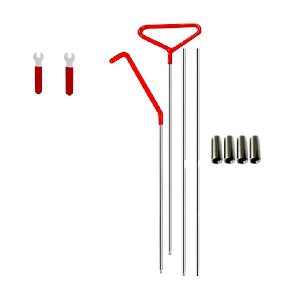 A red professional car door repair and alignment tool kit with various tools and rods.