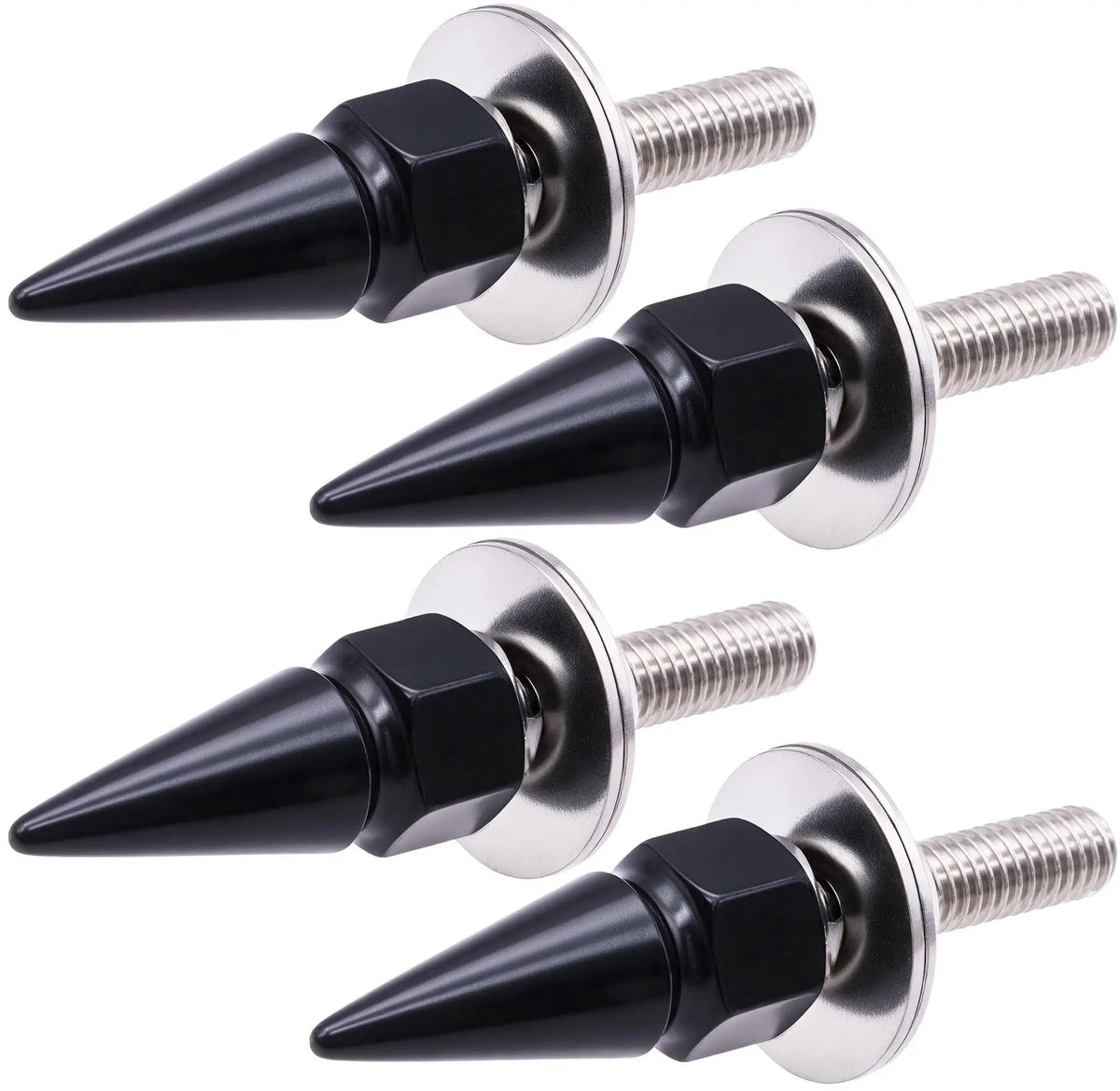 A set of four black and silver license plate fixing pins or studs.