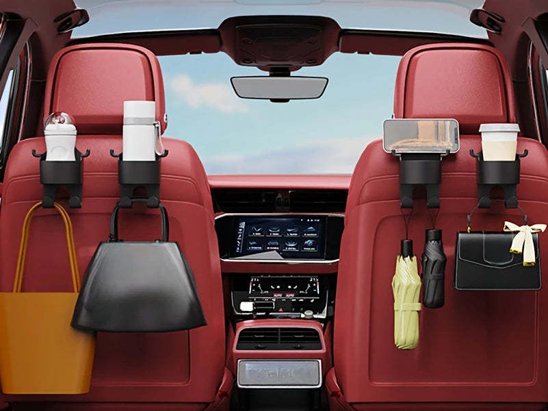 Interior view of a red car seat showing various cup holder hooks and storage accessories.