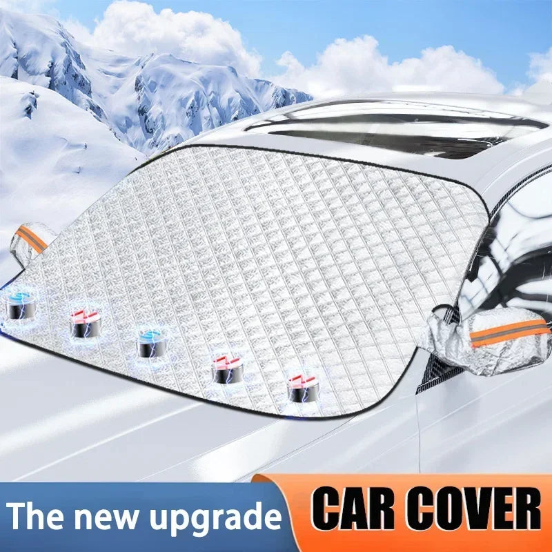 A new upgrade car cover featuring a textured mesh windshield sunshade and snow protector installed on a silver vehicle.
