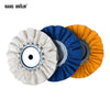 A set of three professional mill treated airway buffing wheels in beige, blue, and orange.
