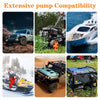 Various vehicles and boats are shown demonstrating the extensive pump compatibility of a portable electric fuel transfer pump