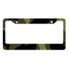 A black license plate cover with a camouflage pattern featuring olive green and dark green tones.