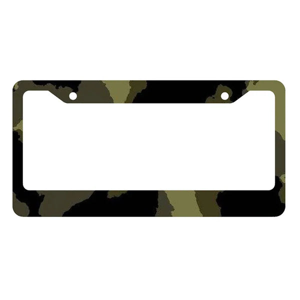 A black license plate cover with a camouflage pattern featuring olive green and dark green tones.
