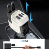 A car charger with a connector being pulled down and clicked into place for automatic storage.