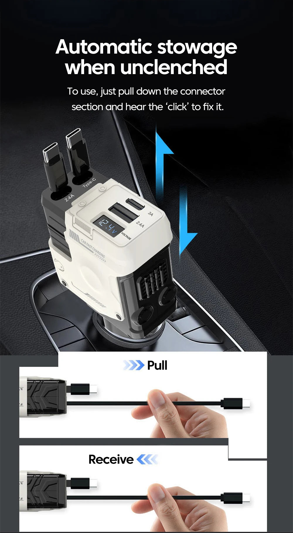 A car charger with a connector being pulled down and clicked into place for automatic storage.