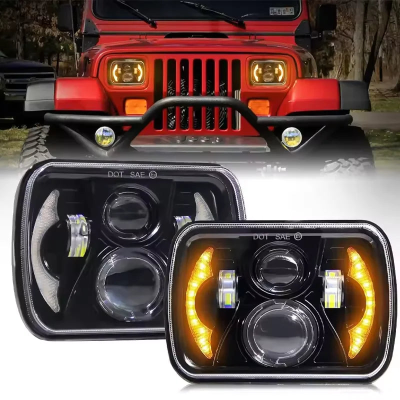Close-up view of a square LED headlight with integrated turn signal mounted on a Jeep.