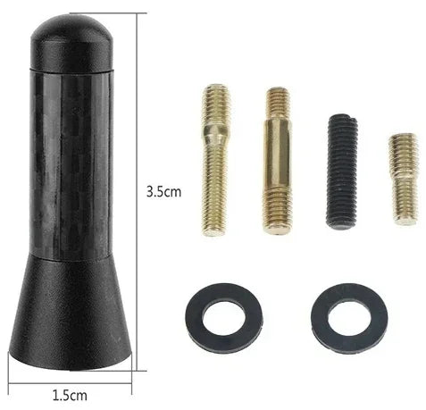 Black universal car roof antenna with mounting base and four threaded screws