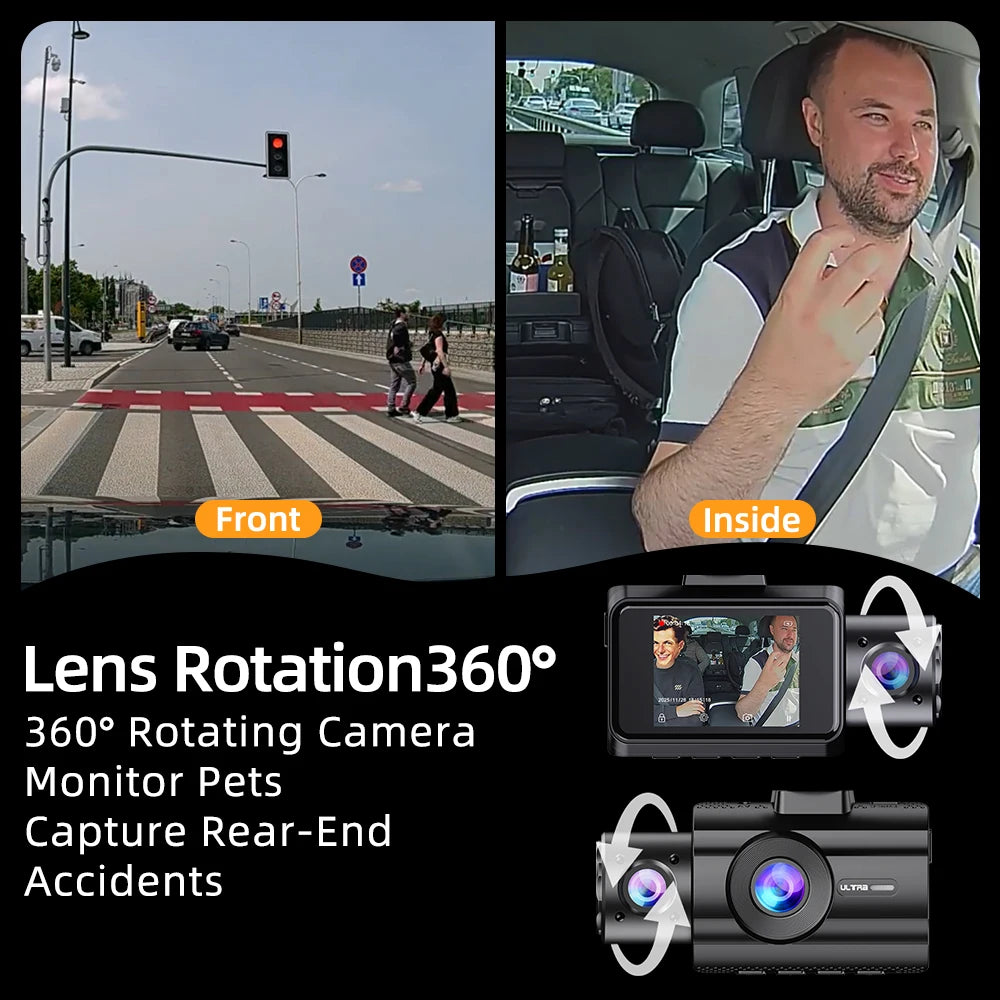 A 360-degree rotating dash camera is shown with exterior and interior views, designed to capture rear-end accidents.