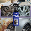 A bottle of Strong Rust Remover spray is shown with before and after images demonstrating its use on car parts.